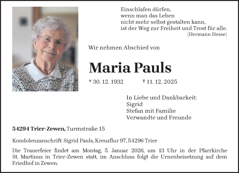  Traueranzeige für Maria Pauls vom 20.12.2025 aus trierischer_volksfreund