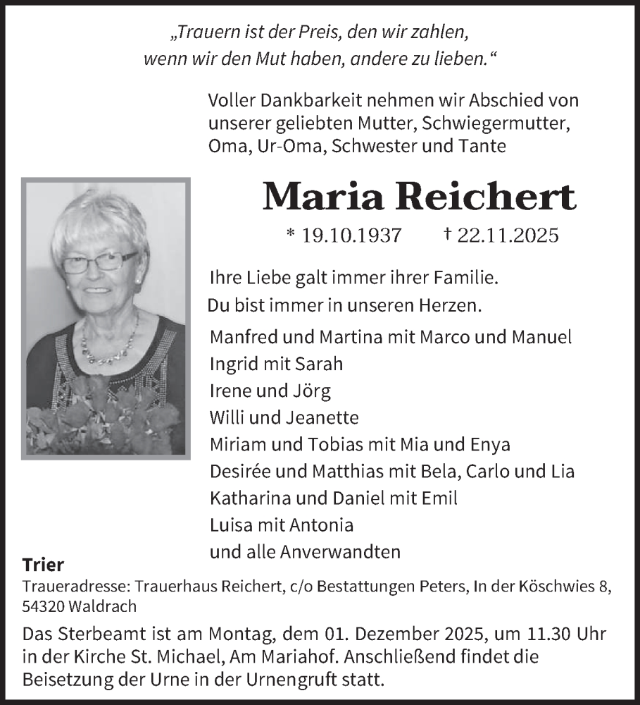  Traueranzeige für Maria Reichert vom 29.11.2025 aus trierischer_volksfreund