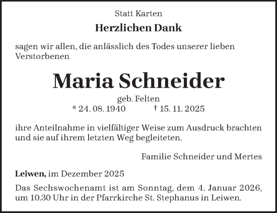 Traueranzeige von Maria Schneider von trierischer_volksfreund