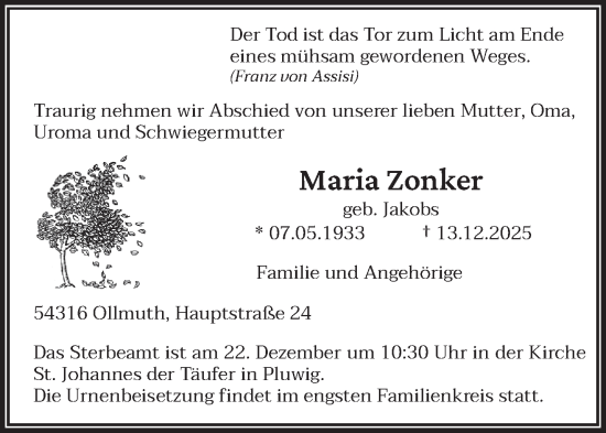 Traueranzeige von Maria Zonker von trierischer_volksfreund