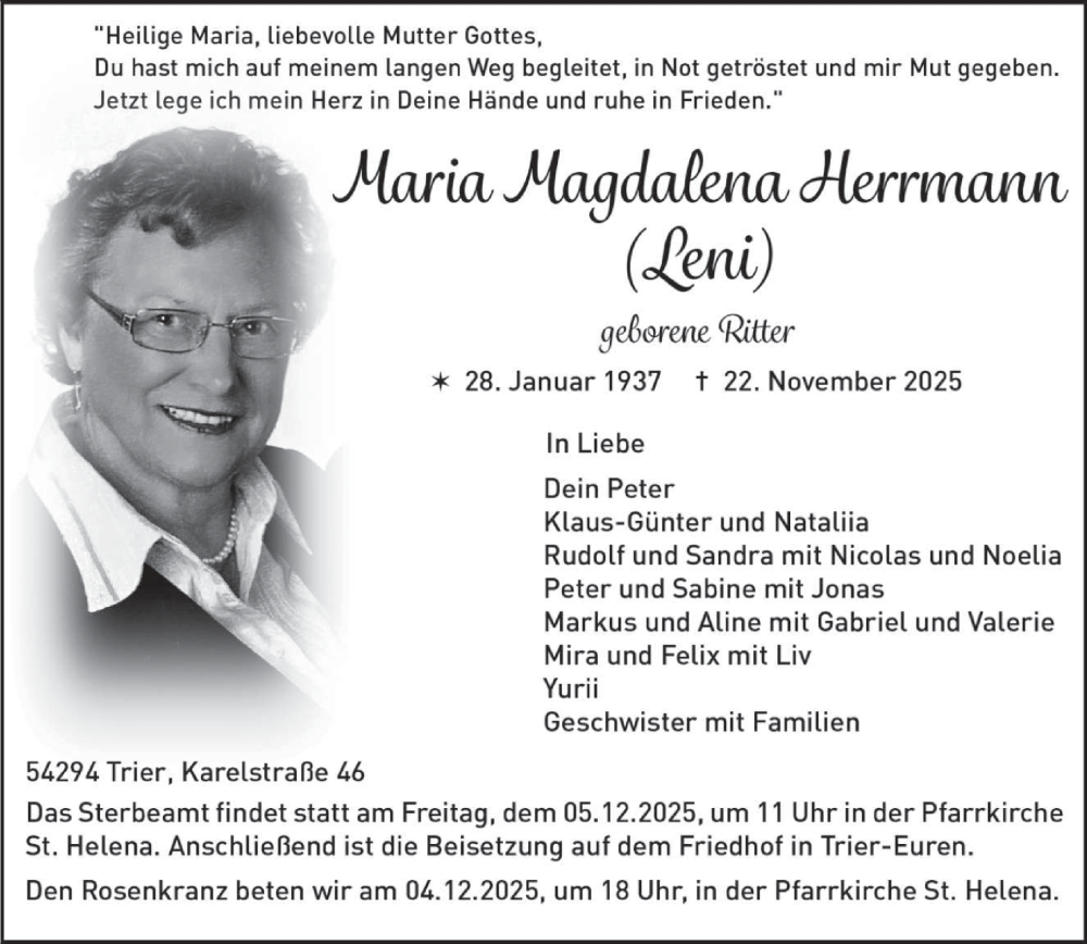  Traueranzeige für Maria Magdalena Herrmann vom 29.11.2025 aus trierischer_volksfreund