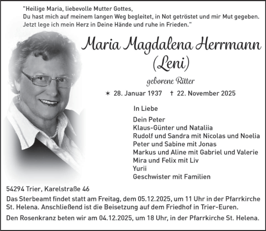 Traueranzeige von Maria Magdalena Herrmann von trierischer_volksfreund