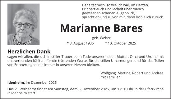 Traueranzeige von Marianne Bares von trierischer_volksfreund