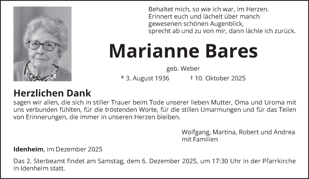  Traueranzeige für Marianne Bares vom 03.12.2025 aus trierischer_volksfreund