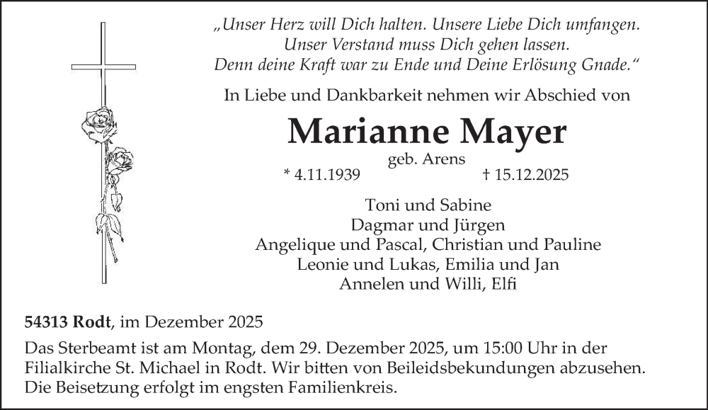  Traueranzeige für Marianne Mayer vom 27.12.2025 aus trierischer_volksfreund