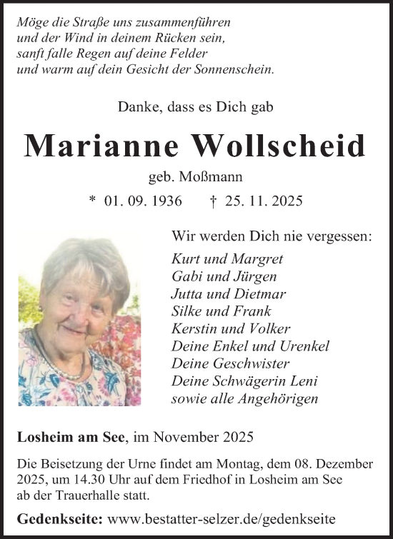 Traueranzeige von Marianne Wollscheid von trierischer_volksfreund