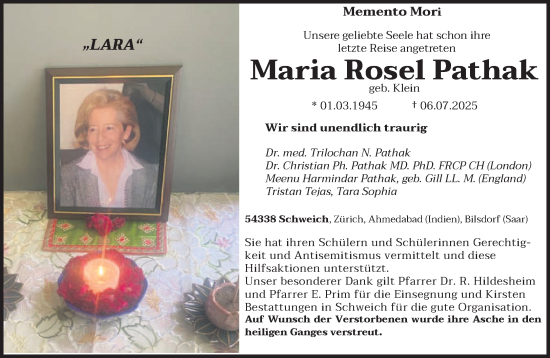Traueranzeige von Maria Rosel Pathak von trierischer_volksfreund