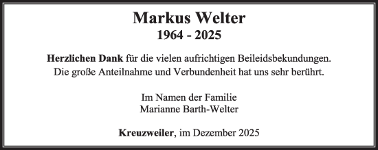 Traueranzeige von Markus Welter von trierischer_volksfreund