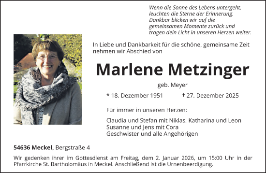 Traueranzeige von Marlene Metzinger von trierischer_volksfreund