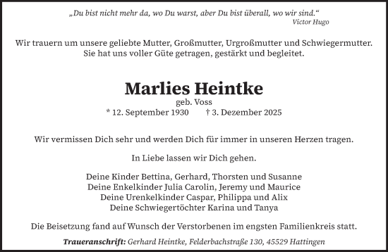 Traueranzeige von Marlies Heintke von trierischer_volksfreund