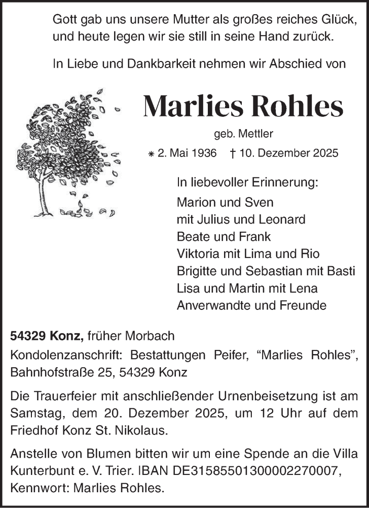  Traueranzeige für Marlies Rohles vom 13.12.2025 aus trierischer_volksfreund
