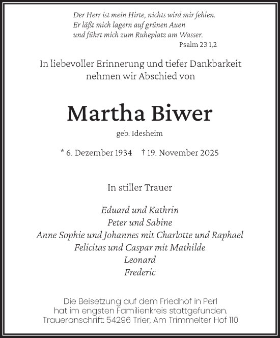 Traueranzeige von Martha Biwer von trierischer_volksfreund