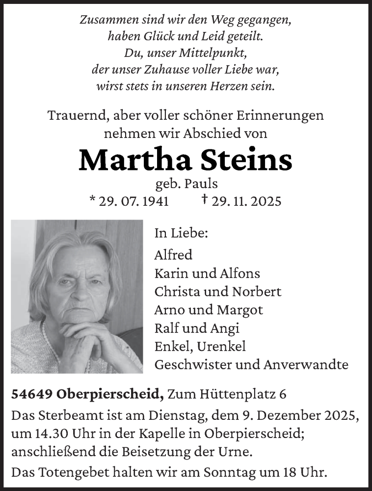  Traueranzeige für Martha Steins vom 04.12.2025 aus trierischer_volksfreund
