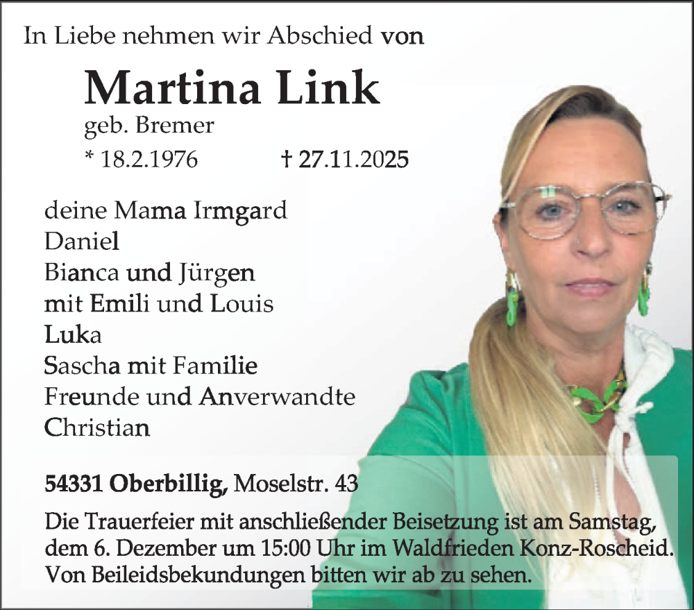  Traueranzeige für Martina Link vom 03.12.2025 aus trierischer_volksfreund