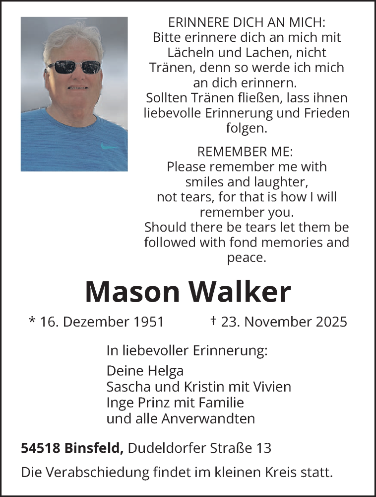  Traueranzeige für Mason Walker vom 29.11.2025 aus trierischer_volksfreund