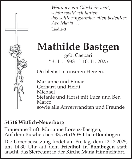 Traueranzeige von Mathilde Bastgen von trierischer_volksfreund