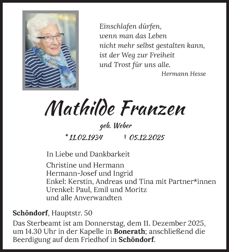  Traueranzeige für Mathilde Franzen vom 09.12.2025 aus trierischer_volksfreund