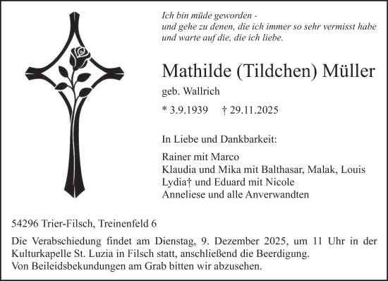 Traueranzeige von Mathilde Müller von trierischer_volksfreund