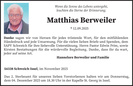 Traueranzeige von Matthias Berweiler von trierischer_volksfreund