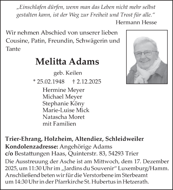 Traueranzeige von Melitta Adams von trierischer_volksfreund