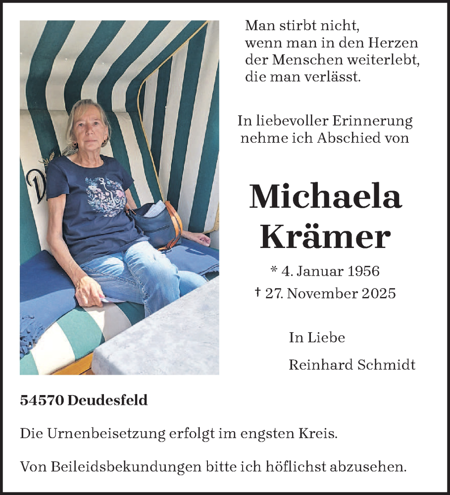  Traueranzeige für Michaela Krämer vom 03.12.2025 aus trierischer_volksfreund