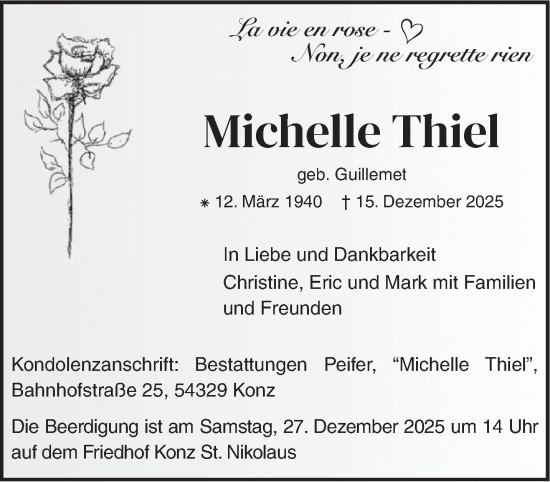 Traueranzeige von Michelle Thiel von trierischer_volksfreund
