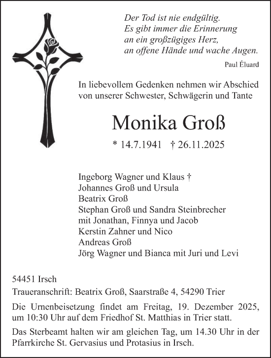 Traueranzeige von Monika Groß von trierischer_volksfreund