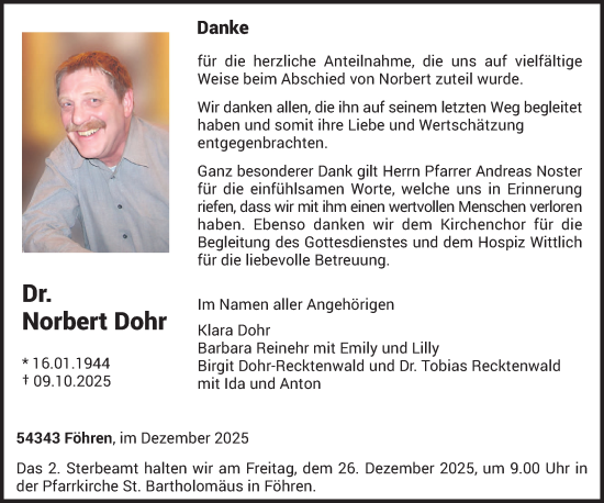 Traueranzeige von Norbert Dohr von trierischer_volksfreund