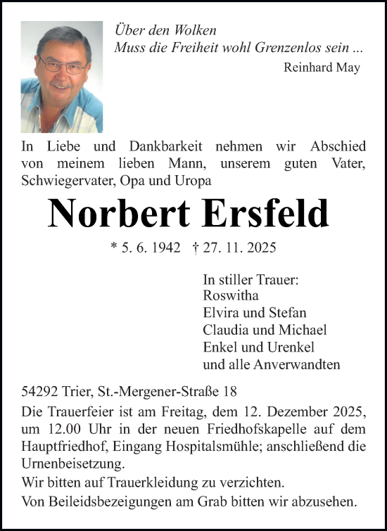 Traueranzeige von Norbert Ersfeld von trierischer_volksfreund