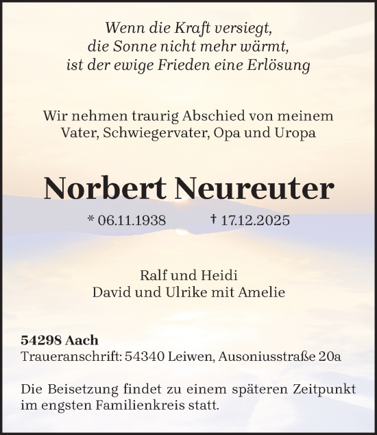 Traueranzeige von Norbert Neureuter von trierischer_volksfreund