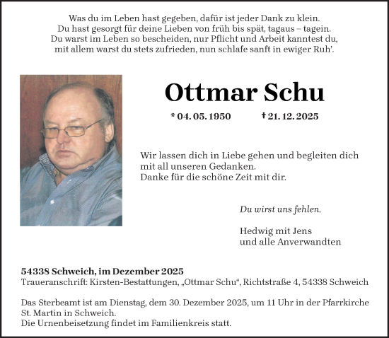 Traueranzeige von Ottmar Schu von trierischer_volksfreund