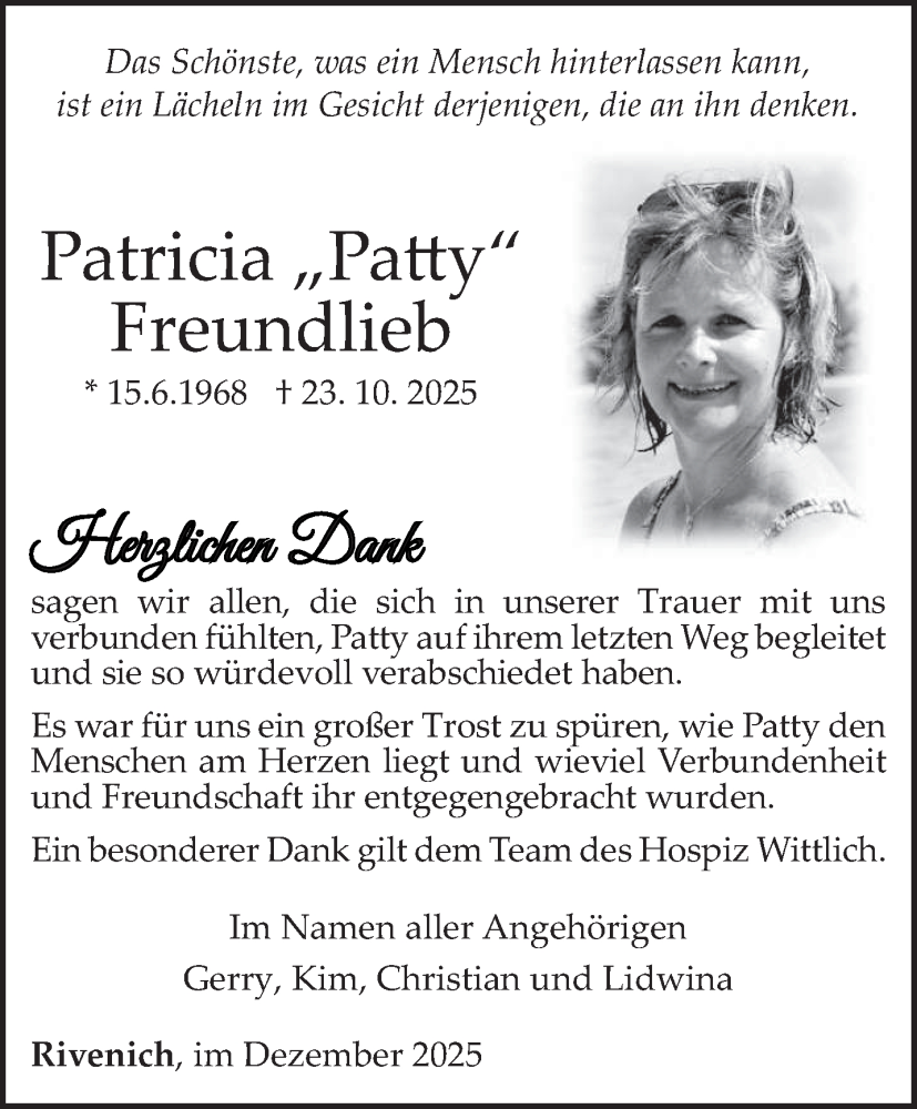  Traueranzeige für Patricia Freundlieb vom 06.12.2025 aus trierischer_volksfreund