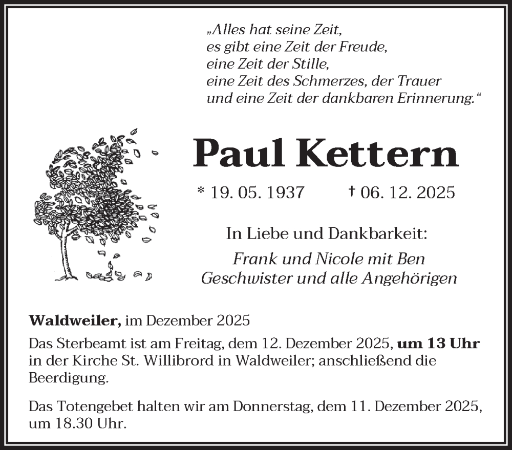  Traueranzeige für Paul Kettern vom 10.12.2025 aus trierischer_volksfreund