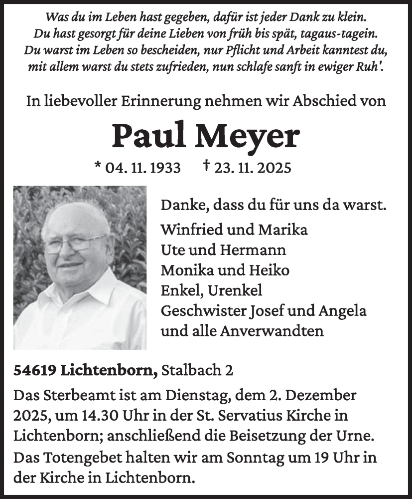  Traueranzeige für Paul Meyer vom 29.11.2025 aus trierischer_volksfreund