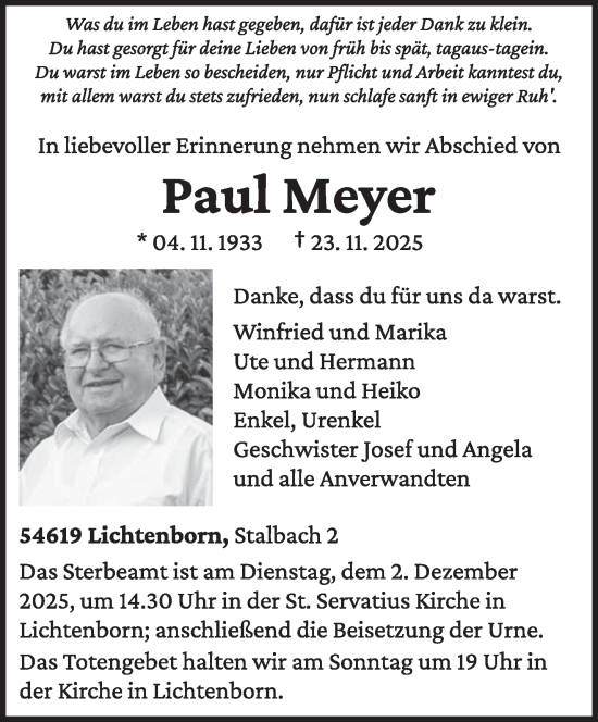 Traueranzeige von Paul Meyer von trierischer_volksfreund