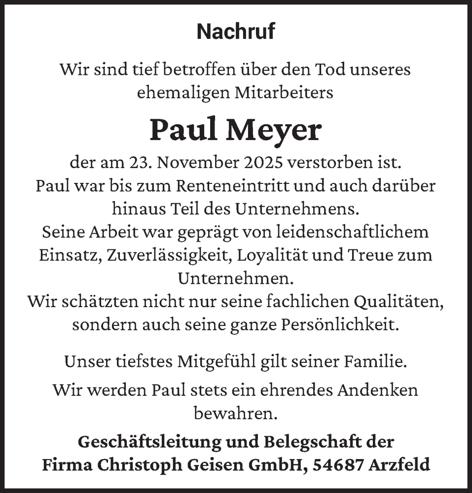  Traueranzeige für Paul Meyer vom 29.11.2025 aus trierischer_volksfreund