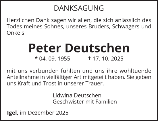 Traueranzeige von Peter Deutschen von trierischer_volksfreund