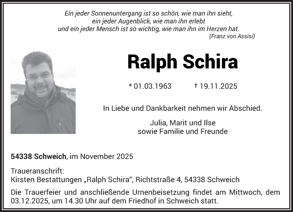  Traueranzeige für Ralph Schira vom 29.11.2025 aus trierischer_volksfreund