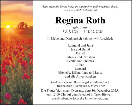 Traueranzeige von Regina Roth von trierischer_volksfreund