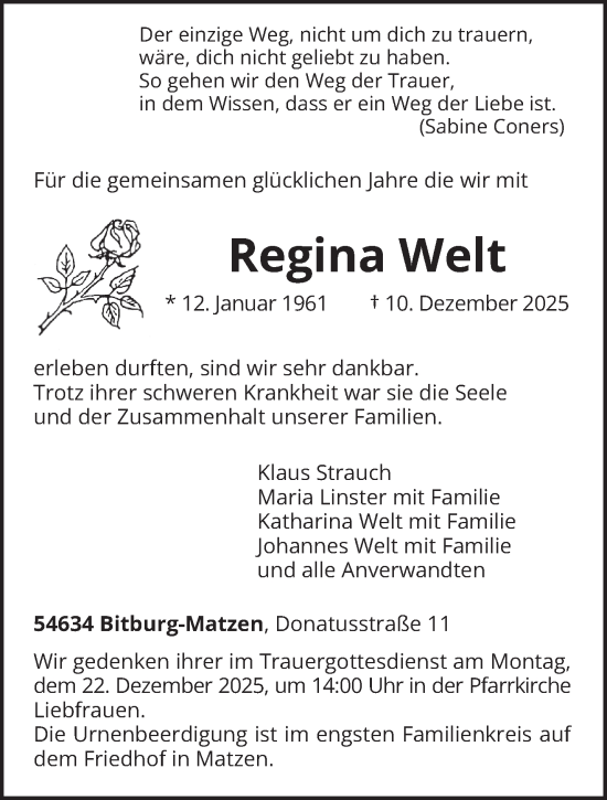 Traueranzeige von Regina Welt von trierischer_volksfreund
