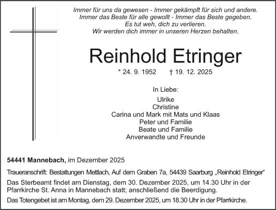 Traueranzeige von Reinhold Etringer von trierischer_volksfreund