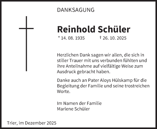 Traueranzeige von Reinhold Schüler von trierischer_volksfreund