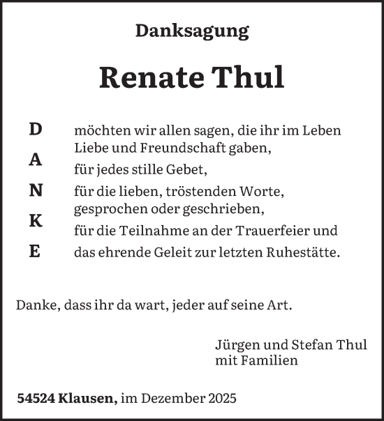 Traueranzeige von Renate Thul von trierischer_volksfreund