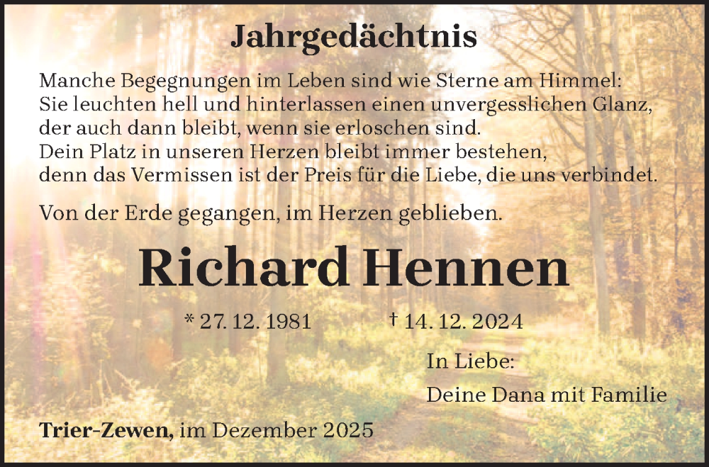  Traueranzeige für Richard Hennen vom 13.12.2025 aus trierischer_volksfreund
