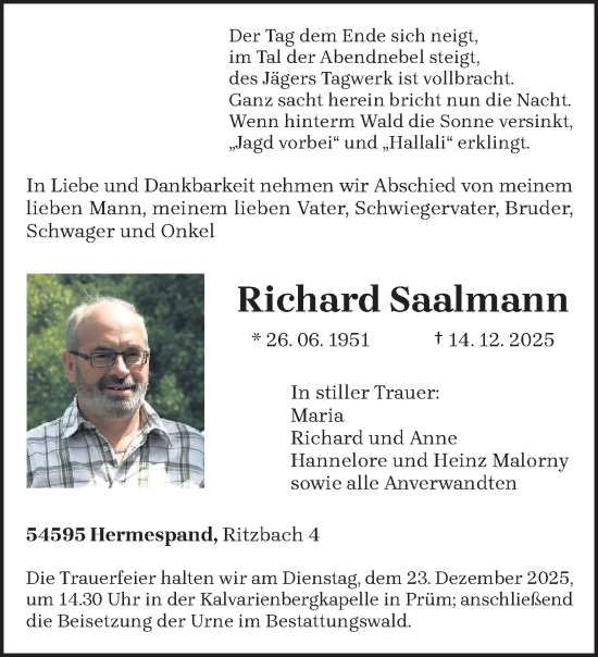 Traueranzeige von Richard Saalmann von trierischer_volksfreund