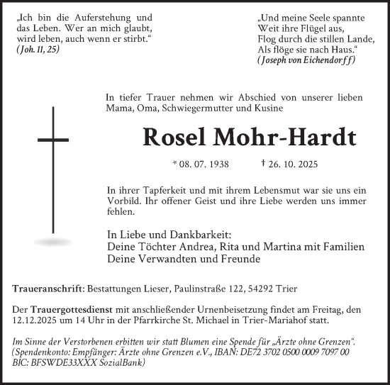 Traueranzeige von Rosel Mohr-Hardt von trierischer_volksfreund
