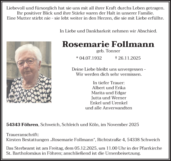 Traueranzeige von Rosemarie Follmann von trierischer_volksfreund