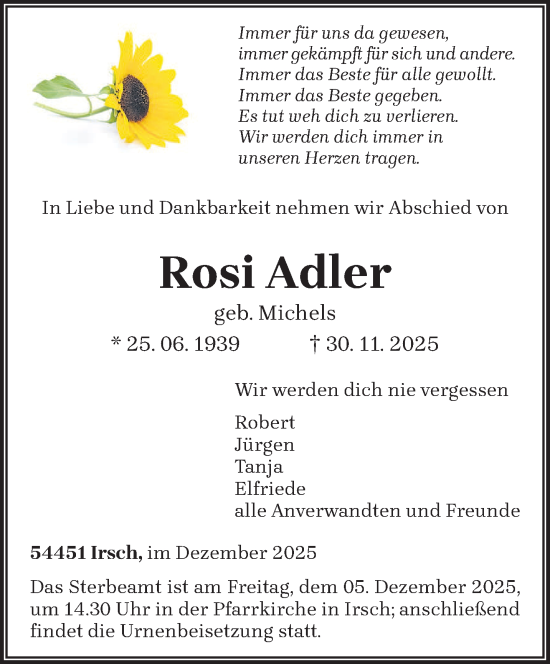 Traueranzeige von Rosi Adler von trierischer_volksfreund