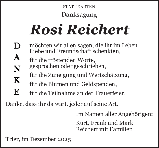 Traueranzeige von Rosi Reichert von trierischer_volksfreund