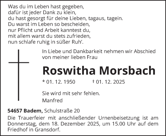 Traueranzeige von Roswitha Morsbach von trierischer_volksfreund
